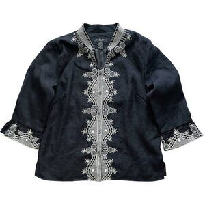 Silk Land Woman Bohemian Embroidered Jacket Sz 1X Plus Black Cardigan Rhinestone